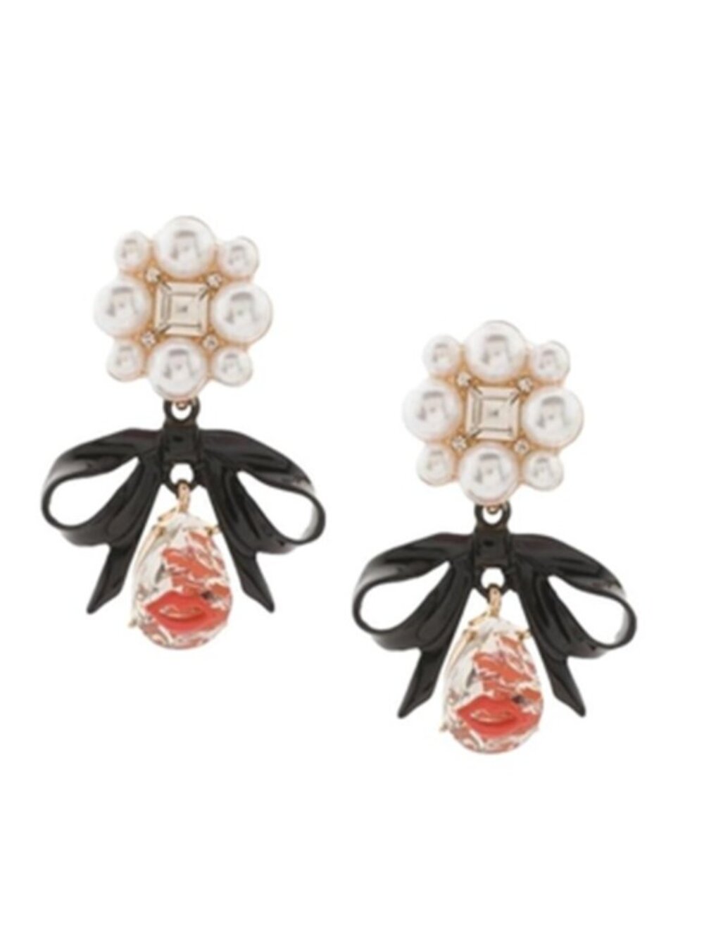 Betsey Johnson Going All Out Pearl Bow Lips Stud Dangle Earrings Black